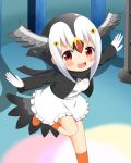  :d atlantic_puffin_(kemono_friends) bangs bird_tail black_hair black_jacket black_scarf blush breasts commentary eyebrows_visible_through_hair feathered_wings frilled_skirt frills gloves grey_wings hair_between_eyes head_wings highres jacket kemono_friends kneehighs long_sleeves looking_at_viewer medium_breasts multicolored_hair open_clothes open_jacket open_mouth orange_footwear orange_legwear outstretched_arms red_eyes scarf shin01571 shirt shoes sidelocks skirt smile solo spread_arms standing standing_on_one_leg upper_teeth white_gloves white_hair white_shirt white_skirt wings 