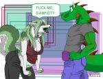  anthro breasts canine clothed clothing collar dialogue duo ear_piercing english_text facial_piercing female fur green_eyes green_fur iguana in_heat lip_piercing lipstick lizard makeup male mammal open_mouth piercing pregnant reptile scalie shiarah spikes standing tattoo text tongue tongue_piercing 