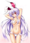  :3 animal_ears armpits arms_behind_head arms_up ass ass_visible_through_thighs bikini blush breasts bunny_ears cleavage closed_mouth collarbone cowboy_shot eyebrows_visible_through_hair gradient gradient_background groin head_tilt highres long_hair looking_at_viewer medium_breasts navel purple_hair red_eyes reisen_udongein_inaba roura shiny shiny_hair smile solo standing stomach straight_hair string_bikini swimsuit thigh_gap thighs touhou underboob very_long_hair white_bikini 