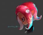  black_shirt black_skirt highres hscatter octarian octoling pink_hair pointy_ears shirt short_hair simple_background skirt smile solo splatoon_(series) splatoon_2 splatoon_2:_octo_expansion squidbeak_splatoon tentacle_hair 