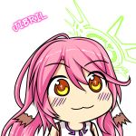  :3 blush_stickers character_name chibi commentary cross gyate_gyate halo highres jibril_(no_game_no_life) long_hair magic_circle multicolored multicolored_eyes no_game_no_life orange_eyes pink_hair sections smile solo symbol-shaped_pupils wing_ears yellow_eyes 