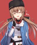  ^_^ ^o^ black_gloves black_hat brown_eyes brown_hair closed_eyes facing_viewer fingerless_gloves gloves hair_between_eyes hair_ornament hairclip hat highres kantai_collection long_hair long_sleeves open_mouth rabochicken red_background simple_background smile solo tashkent_(kantai_collection) twintails 