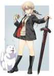  :&lt; alternate_costume artoria_pendragon_(all) bangs black_jacket black_ribbon black_skirt blazer blonde_hair casual commentary_request dark_excalibur dog dress_shirt fate/grand_order fate_(series) food full_body hair_ribbon hamburger hand_on_hilt highres holding holding_food inoue_sora jacket loafers long_sleeves looking_at_viewer pleated_skirt ponytail ribbon saber_alter shirt shoes sidelocks simple_background skirt standing sweater_vest sword thighs tongue tongue_out two-tone_background weapon white_shirt yellow_eyes 