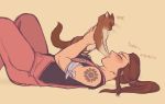  bare_arms blush brigitte_(overwatch) brown_hair camisole cat closed_eyes closed_mouth english freckles from_side highres holding holding_cat long_hair looking_at_another lying murasaki-yuri on_back overalls overwatch ponytail shoulder_tattoo simple_background smile tattoo truth whiskers_(overwatch) 