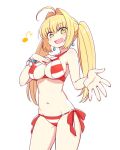  :d ahoge bikini blonde_hair bracelet breasts chan_co cleavage commentary_request contrapposto cowboy_shot criss-cross_halter earrings eighth_note eyebrows_visible_through_hair fate/grand_order fate_(series) green_eyes hair_intakes halterneck hand_on_own_chest jewelry long_hair looking_at_viewer medium_breasts musical_note navel nero_claudius_(fate)_(all) nero_claudius_(swimsuit_caster)_(fate) open_mouth outstretched_hand side-tie_bikini simple_background smile solo standing striped striped_bikini swimsuit twintails white_background 