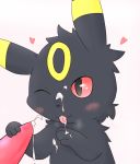  &lt;3 2014 ambiguous_gender black_fur blush cum cum_on_face cum_on_penis disembodied_penis duo eeveelution feral fur male male/ambiguous markings nintendo one_eye_closed paws penis pok&eacute;mon pok&eacute;mon_(species) red_eyes red_penis simple_background tongue tongue_out umbreon video_games white_background yellow_markings yuta_(artist) 