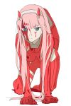  akagi_(fmttps) all_fours aqua_eyes bangs blood blood_on_face bloody_clothes blunt_bangs bodysuit breasts clenched_hands darling_in_the_franxx eyebrows_visible_through_hair full_body hairband highres horns long_hair looking_at_viewer medium_breasts oni_horns pilot_suit pink_hair red_horns simple_background skin_tight solo very_long_hair white_background white_hairband zero_two_(darling_in_the_franxx) 