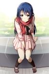  arm_support bangs between_legs blue_hair blush commentary_request dress eyebrows_visible_through_hair from_above full_body hand_between_legs highres long_hair looking_at_viewer love_live! love_live!_school_idol_project red_scarf scarf sitting skirt smile solo sonoda_umi tata_(tataice) 