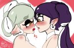  +_+ 2girls aori_(splatoon) blush breasts dated detached_collar domino_mask drooling earrings eating eye_contact eyebrows_visible_through_hair food from_side grey_hair half-closed_eyes hotaru_(splatoon) large_breasts lips long_hair medium_breasts mole mole_under_eye mouth_hold multiple_girls nude open_mouth pink_background pointy_ears purple_hair saliva shared_food short_hair signature simple_background splatoon strawberry teeth tentacle tentacle_hair text tied_hair translation_request two-tone_background usa_(dai9c_carnival) yellow_eyes yuri 