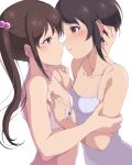  bikini black_hair blue_swimsuit blush breast_grab brown_eyes brown_hair collarbone covered_nipples ear_blush eye_contact face-to-face flat_chest grabbing hair_bobbles hair_ornament hand_on_another's_arm hand_on_another's_head hand_on_another's_shoulder highres imminent_kiss kurosa_kichi long_hair looking_at_another multiple_girls parted_lips photokano sakura_mai_(photokano) short_hair sidelocks simple_background sweat swimsuit twintails white_background white_bikini yuri 