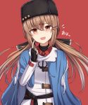  :d black_gloves black_hat brown_eyes brown_hair fingerless_gloves gloves hair_between_eyes hair_ornament hairclip hat highres kantai_collection long_hair long_sleeves looking_at_viewer open_mouth rabochicken red_background simple_background smile solo tashkent_(kantai_collection) twintails 