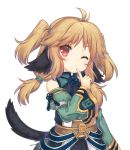  ahoge animal_ears brown_hair character_request detached_sleeves finger_to_mouth jiang-ge long_hair looking_at_viewer one_eye_closed red_eyes simple_background solo tail twintails white_background 