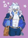  2018 abs anthro belt biceps canine cheong_hwan clothed clothing digital_media_(artwork) food fur hair hi_res kemono male mammal muscular muscular_male open_shirt pants pecs simple_background wolf wolfmalro 