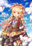  :d animal_ears backpack bag baram beads bird blonde_hair blue_sky brown_dress chicken clenched_hand cloud commentary day dress frilled_dress frills granblue_fantasy hair_beads hair_ornament harvin long_hair looking_at_viewer mahira_(granblue_fantasy) open_mouth red_eyes sitting skirt_hold sky smile solo thighhighs very_long_hair 