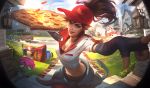  1girl blue_eyes breasts brown_hair cars choker cleavage elbow_gloves fingerless_gloves food hat league_of_legends long_hair looking_at_viewer medium_breasts official_art open_mouth pepperoni pizza pizza_deilvery_sivir ponytail red_legwear shirt_around_waist sivir smile stuffed_crust thighhighs 