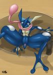  anus blue_skin floor greninja kloogshicer lying male nintendo on_back pok&eacute;mon pok&eacute;mon_(species) presenting spread_legs spreading table tongue video_games 