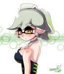  +_+ 1girl bare_shoulders blush breasts cleavage dated detached_collar domino_mask earrings eyebrows_visible_through_hair female from_side gradient_hair green_hair grey_hair hotaru_(splatoon) large_breasts looking_at_viewer looking_back mole mole_under_eye multicolored_hair pointy_ears shirt_hair signature simple_background solo splatoon strapless teeth tentacle tentacle_hair text tied_hair two-tone_background upper_body usa_(dai9c_carnival) white_background yellow_eyes 
