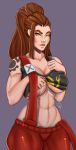  1girl abs belly breasts brigitte_lindholm brown_hair closed_mouth eyebrows lips long_hair navel overwatch pants ponytail shirt simple_background solo stomach tattoo teteowl tied_hair yellow_eyes 
