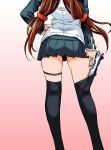  black_legwear bren_ten brown_hair dated feet_out_of_frame from_behind gradient gradient_background gun hand_on_hip handgun head_out_of_frame highres inoue_sora legs long_hair low-tied_long_hair miniskirt nazume_mikuru pink_background pistol pleated_skirt school_uniform shoes skirt solo thigh_strap thighhighs thighhighs_pull trigger_discipline twintails weapon white_background zero_in 