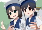  2girls :d admiral_(kantai_collection) black_hair blue_sailor_collar blush brown_hair daitou_(kantai_collection) dress eyebrows_visible_through_hair flat_chest flat_chest_grab grabbing grabbing_from_behind green_eyes hair_between_eyes hair_ribbon hand_on_another's_chest hand_on_another's_shoulder hat hetero hiburi_(kantai_collection) kantai_collection kusaka_souji long_hair looking_at_viewer multiple_girls open_mouth ponytail red_eyes ribbon sailor_collar sailor_dress sailor_hat short_hair short_sleeves smile v white_hat 