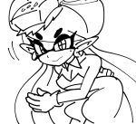  +_+ 1girl aori_(splatoon) bare_shoulders breasts cleavage detached_collar domino_mask earrings eyebrows_visible_through_hair female gloves greyscale long_hair looking_at_viewer medium_breasts mole mole_under_eye monochrome object_on_head pointy_ears simple_background sketch solo splatoon strapless tentacle tentacle_hair twintails usa_(dai9c_carnival) white_background 