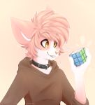  ambiguous_gender anthro bust_(disambiguation) cat clothed clothing collar fangs fauxll feline fur hair hoodie mammal pink_fur pink_hair pink_nose rubik&#039;s_cube simple_background smile solo teeth vinari_tedori yellow_eyes 