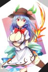  :&lt; arms_behind_back bangs black_hat black_legwear blue_eyes blue_skirt bow bowtie bra breasts cleavage commentary_request eyebrows_visible_through_hair food fruit hat highres hinanawi_tenshi large_breasts long_hair looking_at_viewer peach puffy_short_sleeves puffy_sleeves red_eyes red_neckwear shirt short_sleeves skirt solo standing sword_of_hisou thighhighs touhou uchisukui underwear white_background white_bra white_shirt 