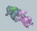  2014 anal anthro anthrofied anus balls blue_body blush bulbasaur butt duo grey_background horn lambent male male/male nidoran nidoran♂ nintendo oral pok&eacute;mon pok&eacute;mon_(species) purple_body red_eyes rimming sex simple_background slightly_chubby video_games 