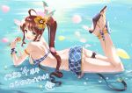  :d ahoge aiu_eo armlet ass bare_shoulders bikini bikini_top blue_skirt blush bracelet breasts brown_eyes brown_hair crossed_ankles diantha_(granblue_fantasy) eyebrows_visible_through_hair flower from_side full_body granblue_fantasy hair_flower hair_ornament hibiscus high_heels highres holding holding_microphone jewelry legs_up long_hair looking_at_viewer looking_to_the_side lying medium_breasts microphone mismatched_bikini on_stomach open_mouth petals plaid plaid_skirt shallow_water shiny shiny_hair side_ponytail sideboob sidelocks skirt smile solo swimsuit tareme thigh_strap thong translation_request water white_bikini_bottom wrist_cuffs 