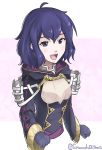  ahoge blue_eyes blue_hair blush fire_emblem fire_emblem:_kakusei fire_emblem_heroes grimmelsdathird highres jacket mark_(female)_(fire_emblem) mark_(fire_emblem) open_mouth short_hair simple_background smile solo 