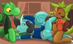  2018 anthro black_hair blue_body blush bottomless brown_body chespaul chespin clothed clothing felino fellatio female green_body group group_sex hair hat inside kecleon kimmy_(felino) kneeling lying male male/female nintendo on_side one_eye_closed open_mouth oral penetration penis pok&eacute;mon pok&eacute;mon_(species) pussy sex spitroast threesome tongue tongue_out treecko treecky vaginal vaginal_penetration video_games yellow_eyes 
