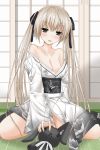  bare_shoulders black_eyes black_ribbon blush breasts brown_hair cleavage commentary_request eyebrows_visible_through_hair hair_ribbon highres japanese_clothes kasugano_sora kimono long_hair long_sleeves medium_breasts nyabe open_mouth ribbon sitting solo stuffed_animal stuffed_bunny stuffed_toy twintails yosuga_no_sora 