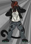  anthro canine clothing eda horn hybrid jeans jewelry looking_at_viewer male mammal necklace pants smile solo standing torn_clothing torn_jeans torn_pants 