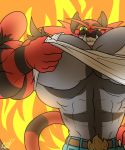  anthro clothed clothing eda fangs huge_pecs incineroar looking_at_viewer male muscular muscular_male nintendo pok&eacute;mon pok&eacute;mon_(species) smile solo standing teeth tight_clothing video_games 