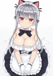  animal_ears bare_shoulders black_neckwear blush bow bowtie breasts brown_eyes cat_ears cleavage closed_mouth commentary_request eyebrows_visible_through_hair gloves gradient gradient_background grey_background grey_hair highres long_hair looking_at_viewer maid maid_headdress medium_breasts mizunashi_kenichi original smile solo twintails white_gloves 