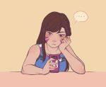  1girl bare_arms bare_shoulders blush brown_eyes brown_hair camisole cellphone d.va_(overwatch) facepaint facial_mark head_rest holding holding_phone long_hair looking_at_viewer murasaki-yuri overwatch phone pout smartphone solo spoken_ellipsis upper_body whisker_markings 