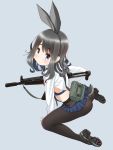  :&lt; animal_ears arm_support ass black_footwear black_hair black_hairband black_legwear blue_eyes blue_skirt bunny_ears closed_mouth crop_top eyebrows_visible_through_hair fake_animal_ears from_side gun h&amp;k_mp5 hairband heckler_&amp;_koch highres holding holding_gun holding_weapon kneeling leaning_forward long_hair long_sleeves looking_at_viewer looking_to_the_side microskirt original panties panties_under_pantyhose pantyhose pouch retsumaru shirt shoes skirt solo submachine_gun tail tareme underwear weapon white_shirt 
