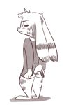  2018 anthro barefoot bottomless brown_and_white butt clothed clothing disney ear_markings facial_markings fuel_(artist) fur_markings half-closed_eyes head_tuft jack_savage lagomorph looking_at_viewer looking_back male mammal markings monochrome rabbit rear_view shirt_pull simple_background solo standing white_background zootopia 