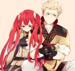  1girl bad_id bad_twitter_id blonde_hair blush embarrassed eudes_(fire_emblem) fire_emblem fire_emblem:_kakusei luna_(fire_emblem_if) odin_(fire_emblem_if) pherae red_eyes red_hair selena_(fire_emblem) simple_background sitting twintails 