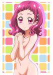  blush convenient_arm covering covering_breasts hair_ornament hands_clasped hanzou hugtto!_precure looking_at_viewer navel nono_hana nude out-of-frame_censoring own_hands_together precure purple_eyes purple_hair smile solo x_hair_ornament 