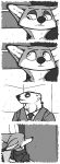  2018 anthro bear canine clothing comic disney duke_weaselton elevator fox fur greyscale luraiokun male mammal monochrome necktie nick_wilde polar_bear suit zootopia 