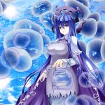  bangs blue_hair breasts bubble cape commentary_request dress hair_between_eyes highres houshin_engi large_breasts long_hair pirania purple_cape purple_eyes ryuukitsu_koushu solo standing very_long_hair water 