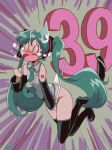  39 90s anime_coloring aqua_hair boots choroli_(chorolin) commentary crying detached_sleeves film_grain hatsune_miku headset long_hair necktie no_pants open_mouth panties panty_pull parody skirt skirt_removed sleeveless solo style_parody sweatdrop thigh_boots thighhighs twintails underwear very_long_hair vocaloid 