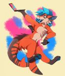  2017 anthro blue_hair blue_tongue digital_media_(artwork) fur hair hybrid indycat open_mouth orange_fur purple_eyes shard smile teeth tongue 