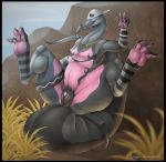  animal_genitalia anthro crossgender ember-dragoness genital_slit hat jewelry male necklace nintendo outside penis pok&eacute;mon pok&eacute;mon_(species) salazzle slit smile solo spread_legs spreading thick_thighs tongue tongue_out video_games 
