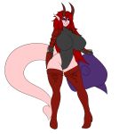  armor big_breasts breasts clothing demon eyelashes female hair horn huge_breasts humanoid leggings legwear lewdreaper not_furry pointy_ears purple_eyes red_hair simple_background smile solo spade_tail tiefling white_background 