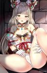  artist_name bangs bare_shoulders blunt_bangs blush breasts cleavage detached_sleeves fangs gloves kaetzchen long_hair looking_at_viewer low_twintails medium_breasts niyah open_mouth pussy_juice silver_hair sitting solo spoilers twintails white_gloves xenoblade_(series) xenoblade_2 yellow_eyes 