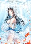  ass back bikini black_hair blue_eyes bouquet breasts bridal_veil dress eyebrows_visible_through_hair fish flower frilled_dress frills large_breasts long_hair looking_at_viewer looking_back moe2018 original sakana_cho see-through side-tie_bikini sideboob smile solo strap_gap swimsuit underwater veil water wedding_dress white_bikini 