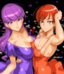  :&lt; arm_up artist_name asymmetrical_docking blush breast_press breasts cleavage closed_mouth collarbone covered_navel covered_nipples dress earrings eyebrows_visible_through_hair fingernails hand_behind_head highres hug jewelry kenjou_akira kirakira_precure_a_la_mode kotozume_yukari large_breasts long_hair looking_at_viewer medium_breasts multiple_girls nail_polish no_bra orange_dress precure purple_dress purple_eyes purple_hair red_eyes red_hair satou_shouji shiny shiny_clothes shiny_hair shiny_skin smile spaghetti_strap sweatdrop 