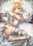  1girl ass bangs belt blonde_hair blush breasts chains cleavage closed_mouth commentary curtains day detached_collar elbow_gloves fate/grand_order fate_(series) gloves green_eyes hair_intakes hand_up hands_up highres large_breasts legs_together leotard lock looking_at_viewer luzi lying nero_claudius_(bride)_(fate) nero_claudius_(fate)_(all) no_panties on_bed on_side padlock petals showgirl_skirt sidelocks skirt smile solo thighhighs thighs white_legwear white_leotard white_skirt window zipper 